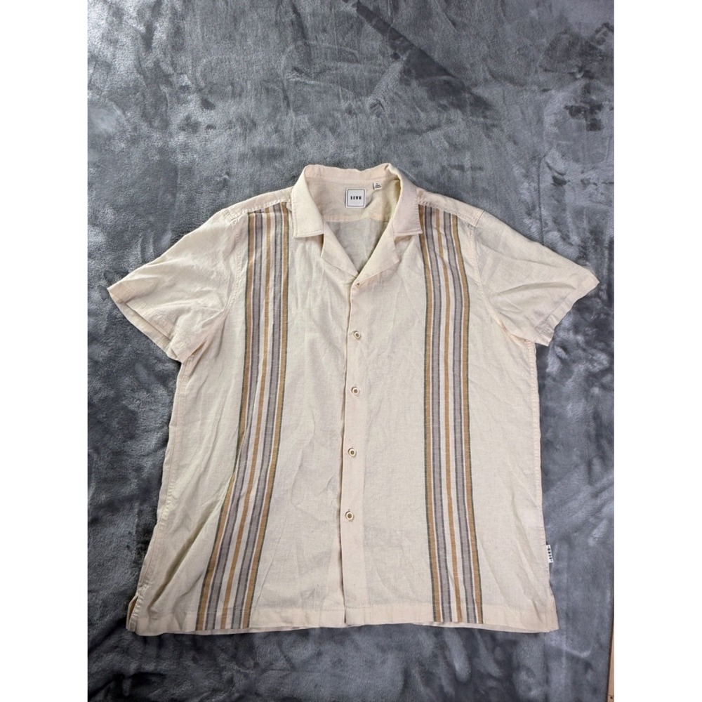 Rowm Button-Up L Beige Hemp Short Sleeves Mens brown and olive green
